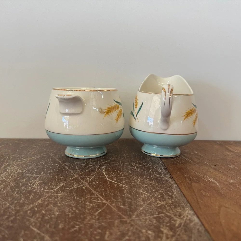 Vintage Creamer and Sugar Bowl Set Golden Wheat‎ Blue Base Gold Trim MCM
